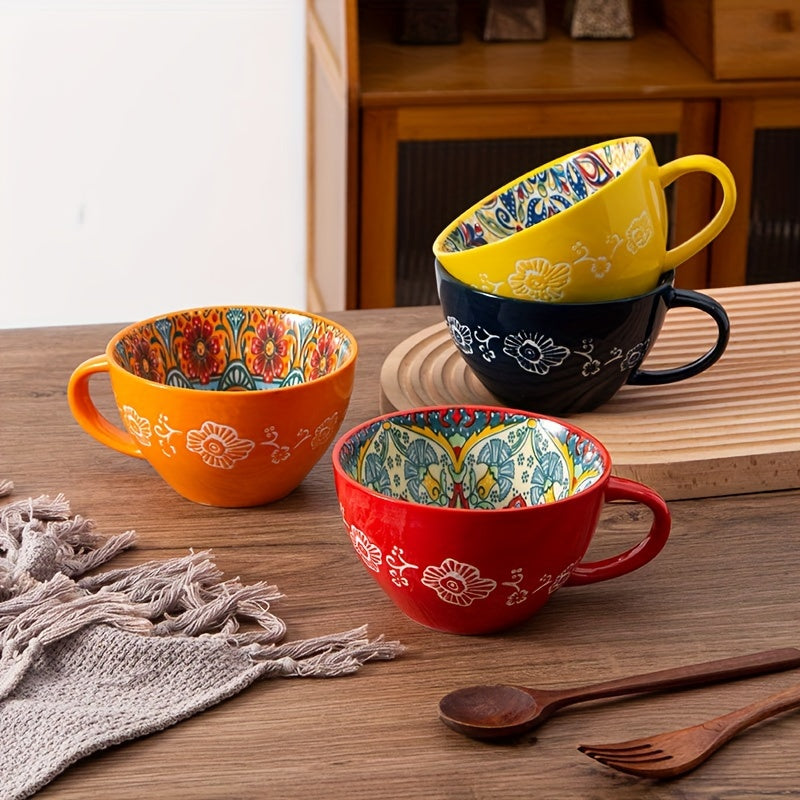1PC 15OZ Bohemian Ceramic Coffee Mug, Large Capacity, Insulated, Machine Washable, Reusable Multipurpose Cup for Microwave Heating Milk & Coffee