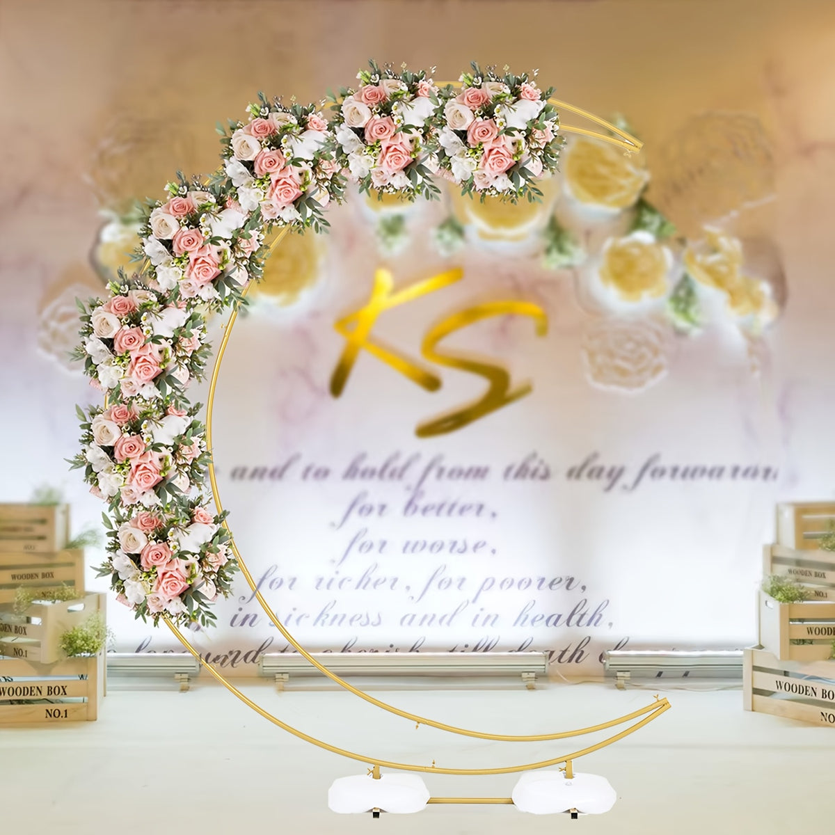 Golden Wedding Arch Stand - Heavy-Duty Metal Half-Crescent Moon Backdrop with Stable Base, Golden Ceremony Arch for Wedding, Birthday, Party Decorations - Indoor/Outdoor Event Decoration Stand, Romantic Event Decor, Sophistic