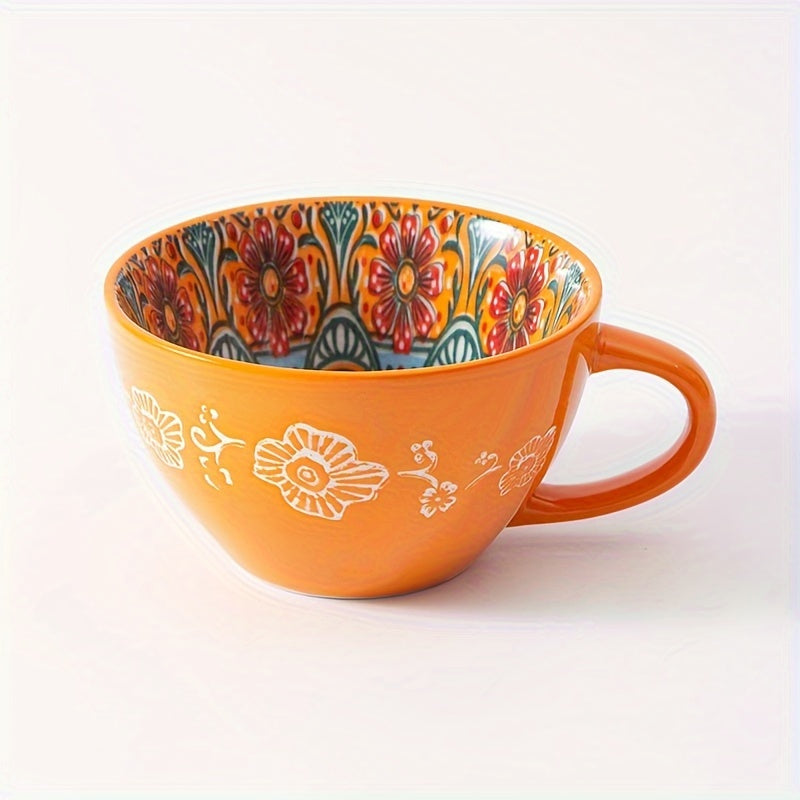 1PC 15OZ Bohemian Ceramic Coffee Mug, Large Capacity, Insulated, Machine Washable, Reusable Multipurpose Cup for Microwave Heating Milk & Coffee