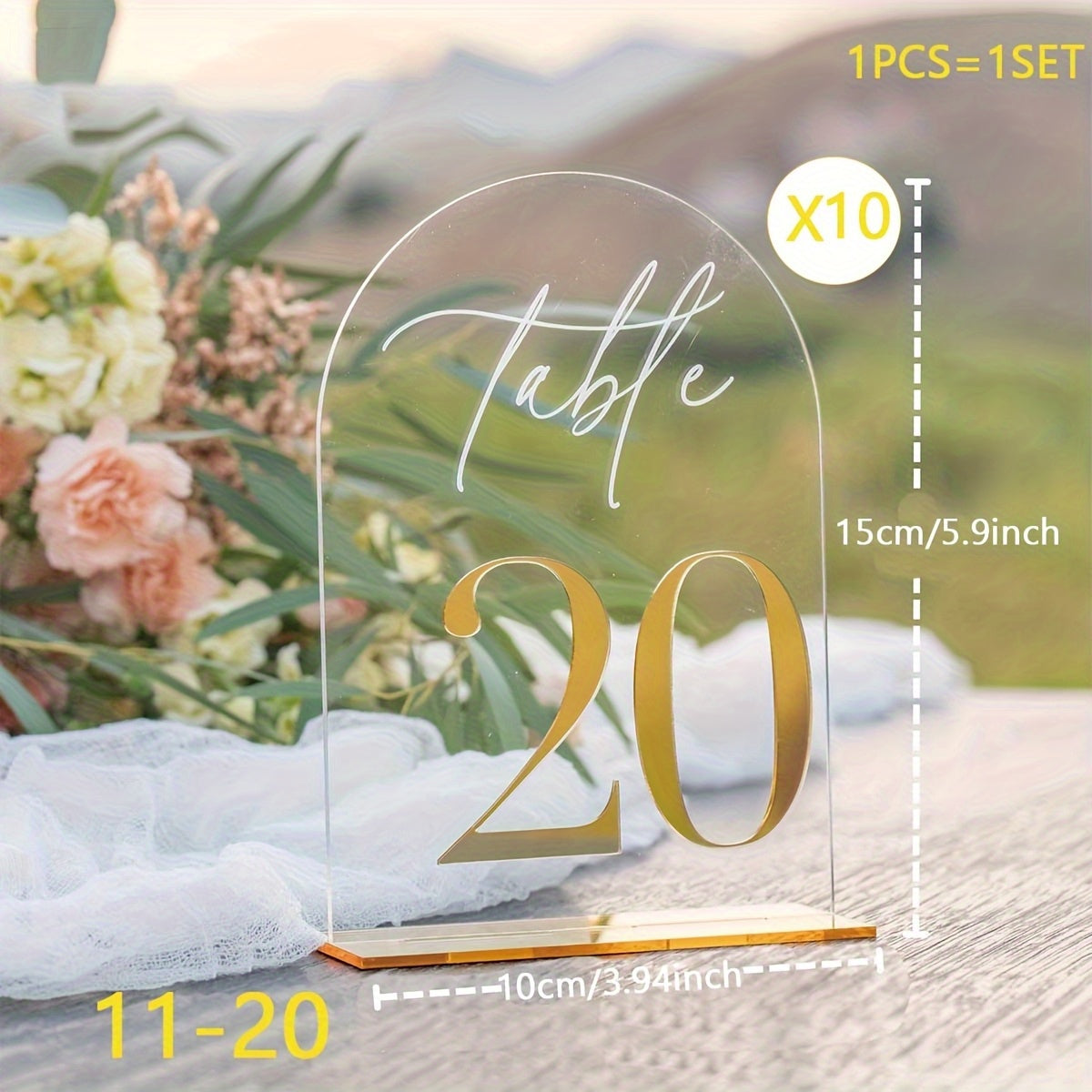 Acrylic Wedding Table Number Plate 1-10 with Stand, 10.01 x 15.01cm Elegant Golden Durable Thick Style Suitable