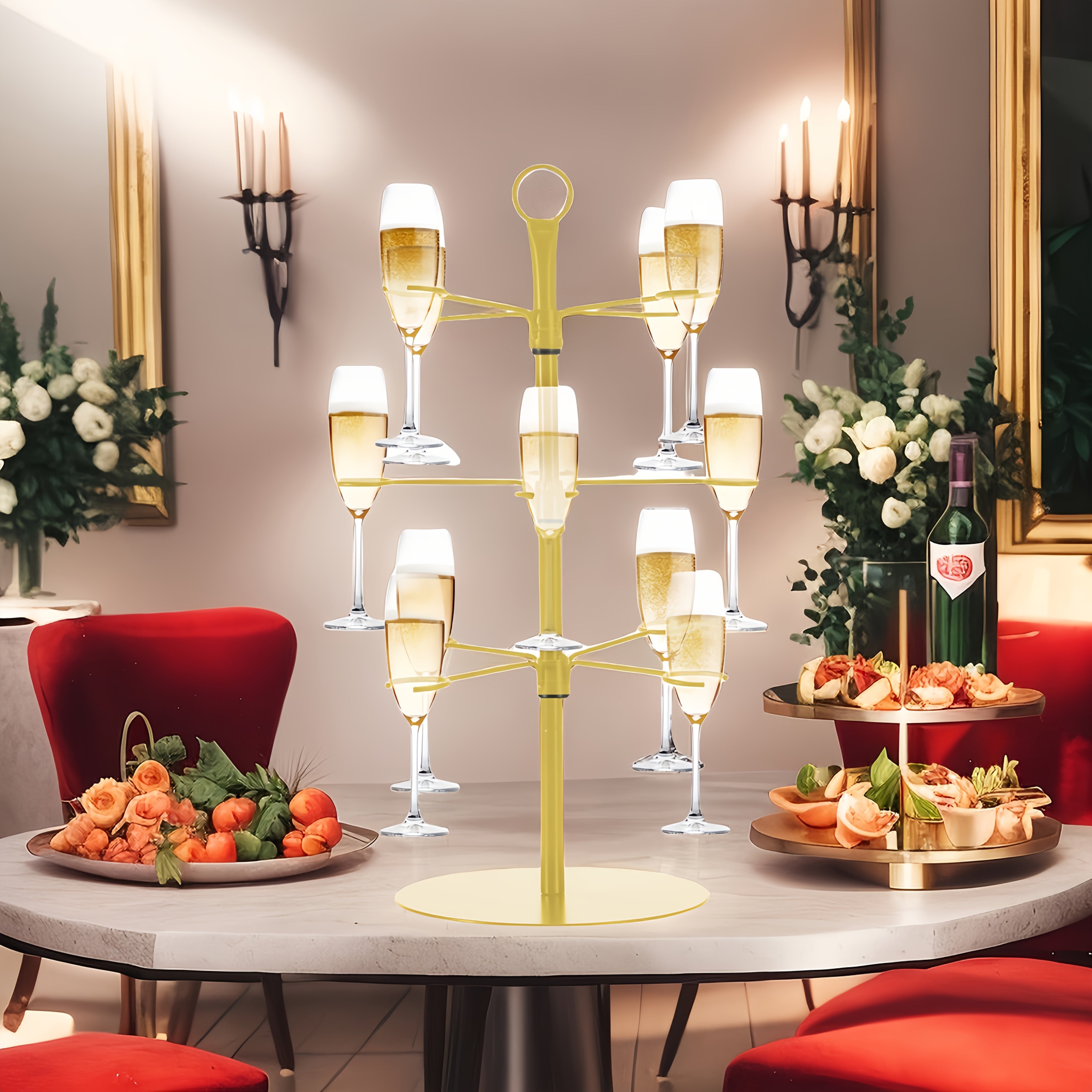 3-Tier Cast Iron Champagne Tower and Cocktail Glass Holder, Freestanding Margarita Cup Stand with Circular Base