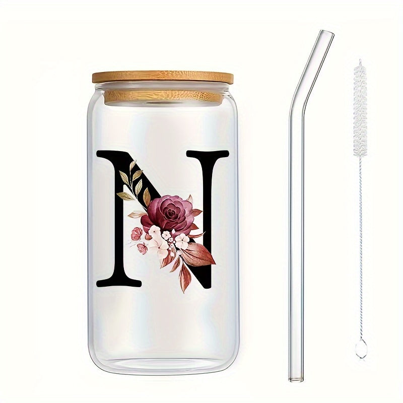 16oz Glass Coffee Mug with Bamboo Lid & Straw - A-Z Letter Design, Perfect for Office & Home Use, Ideal Birthday or Holiday Gift for Women