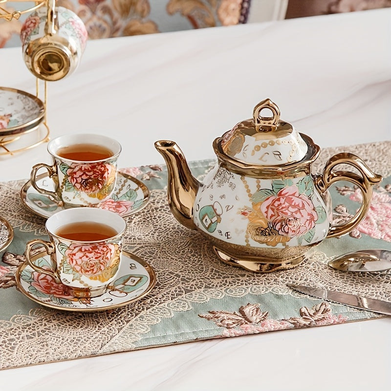 Deluxe Floral Ceramic Tea Set with Golden Stand - 20-Piece Hand-Painted Tea Service for 6, Includes Cups, Saucers, Spoons, Teapot - BPA Free, Hand Wash Only, Leak Proof, Insulated for Mother's Day, Thanksgiving, Elegant Gifti