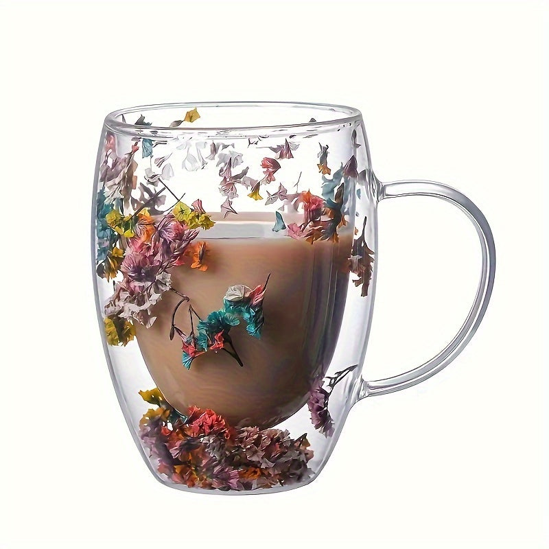 [Popular Choice] Vintage 350ml Double-Walled Glass Cup with Dried Flowers, Reusable Coffee and Whiskey Cup for Iced Drinks, Coffee Mug, Creative, 1pc Set