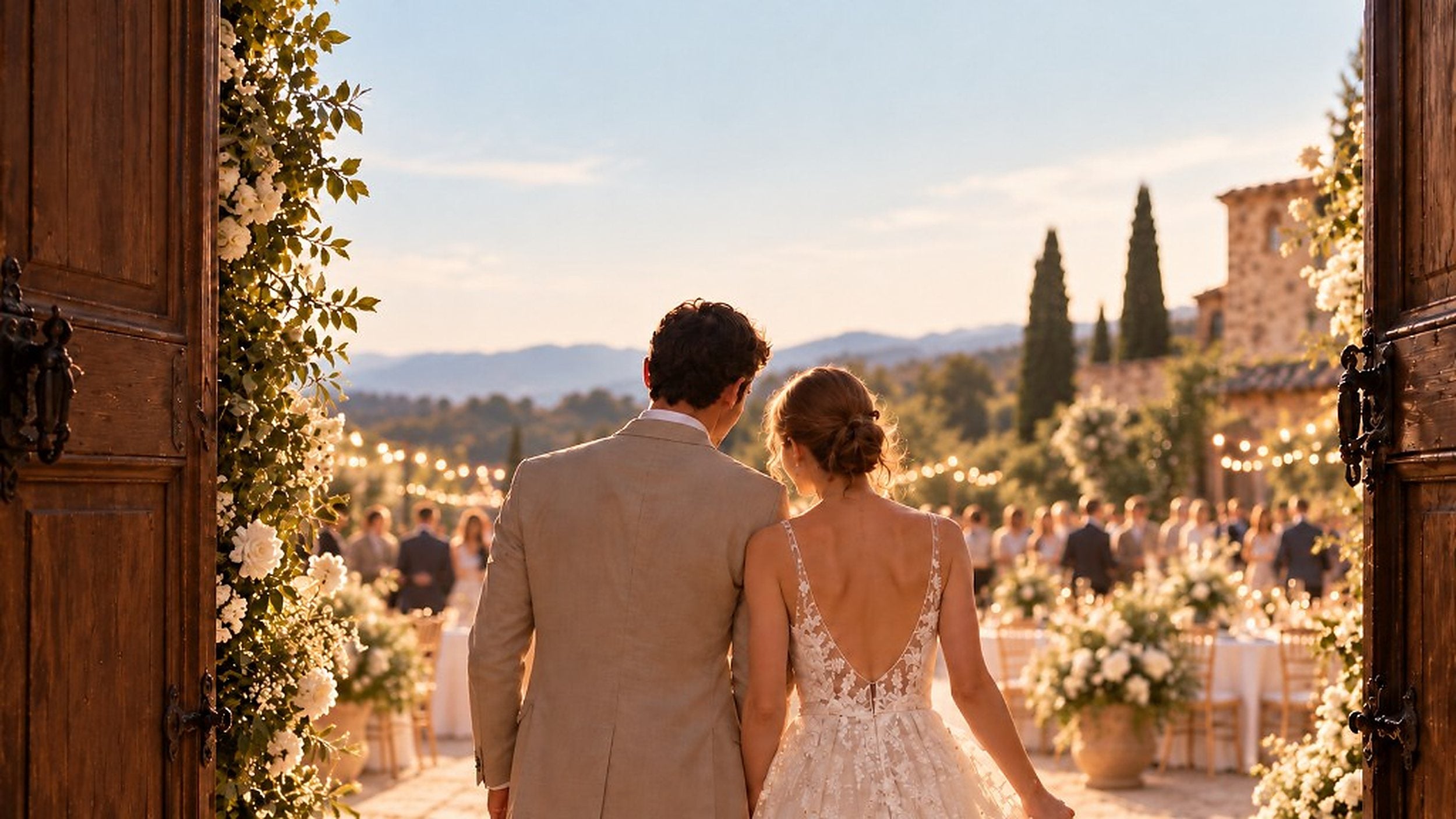 Couple entering their wedding through open floral doors