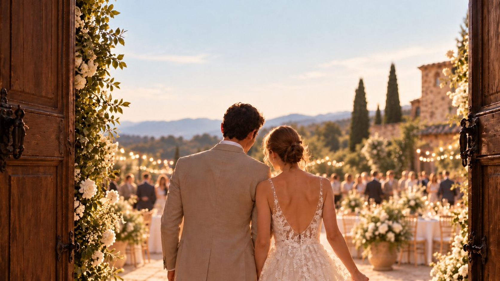 Couple entering their wedding through open floral doors